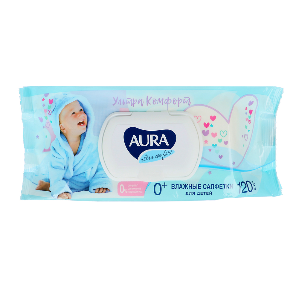 Влажные салфетки детские AURA ULTRA COMFORT с экстрактом алоэ и витамином Е, с крышкой, 120 шт, арт.№ 923-004