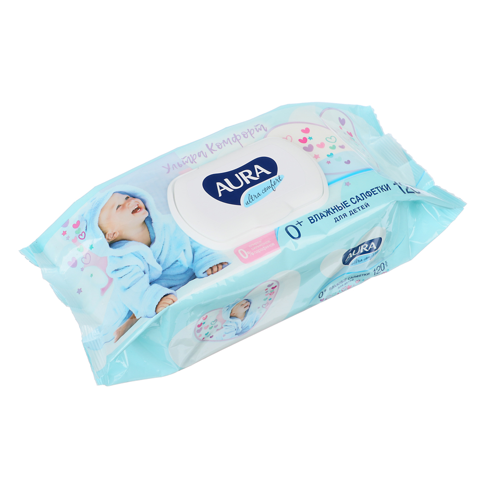 Влажные салфетки детские AURA ULTRA COMFORT с экстрактом алоэ и витамином Е, с крышкой, 120 шт, арт.№ 923-004