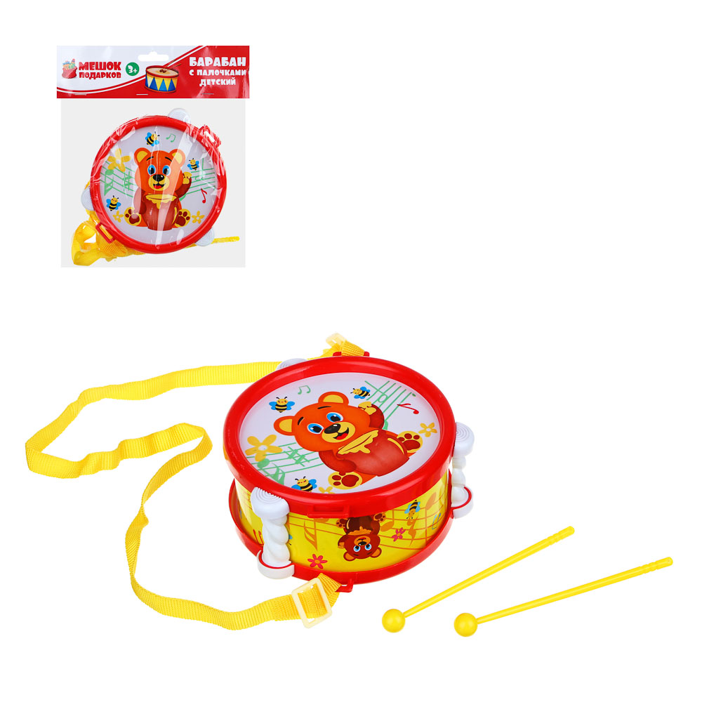 МЕШОК ПОДАРКОВ Барабан детский с палочками, HIPS, PP, картон, 14х14х6,5 см, арт.№ 889-069