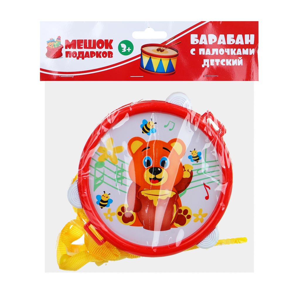 МЕШОК ПОДАРКОВ Барабан детский с палочками, HIPS, PP, картон, 14х14х6,5 см, арт.№ 889-069