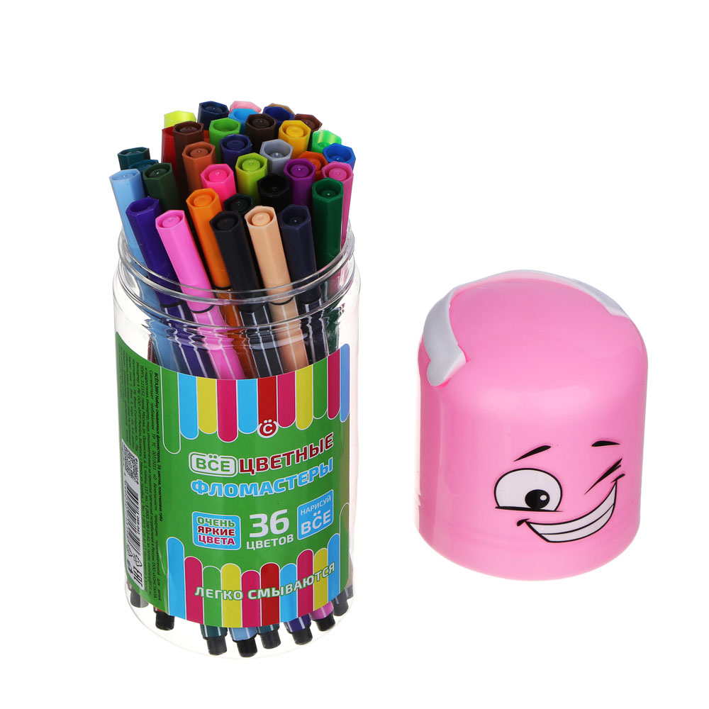 ВСЁГАЗИН Набор смываемых фломастеров, 36 цветов, пластиковая туба, 2 дизайна, арт.№ 059-042