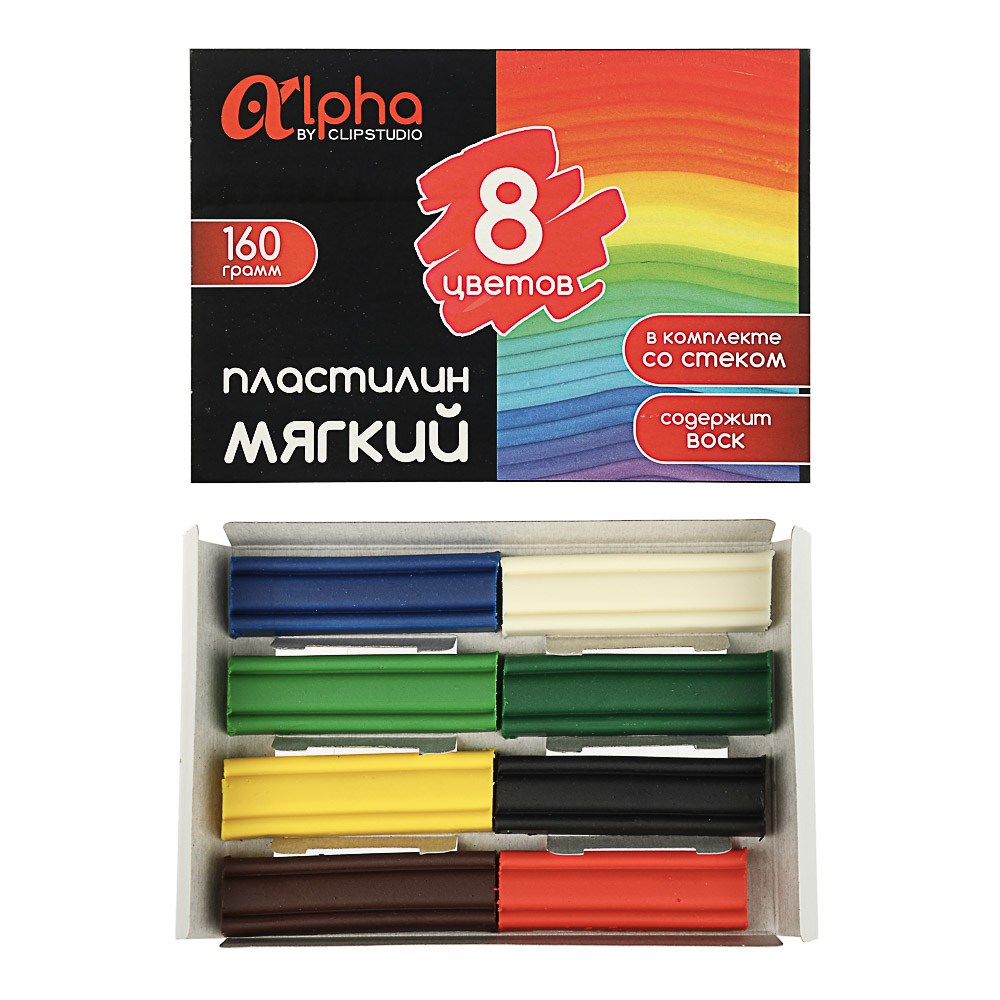 ClipStudio Пластилин мягкий, 8 цв. 160г "Альфа", со стеком, в картонной коробке с выб.лаком, ПРЕМИУМ, арт.№ 239-045