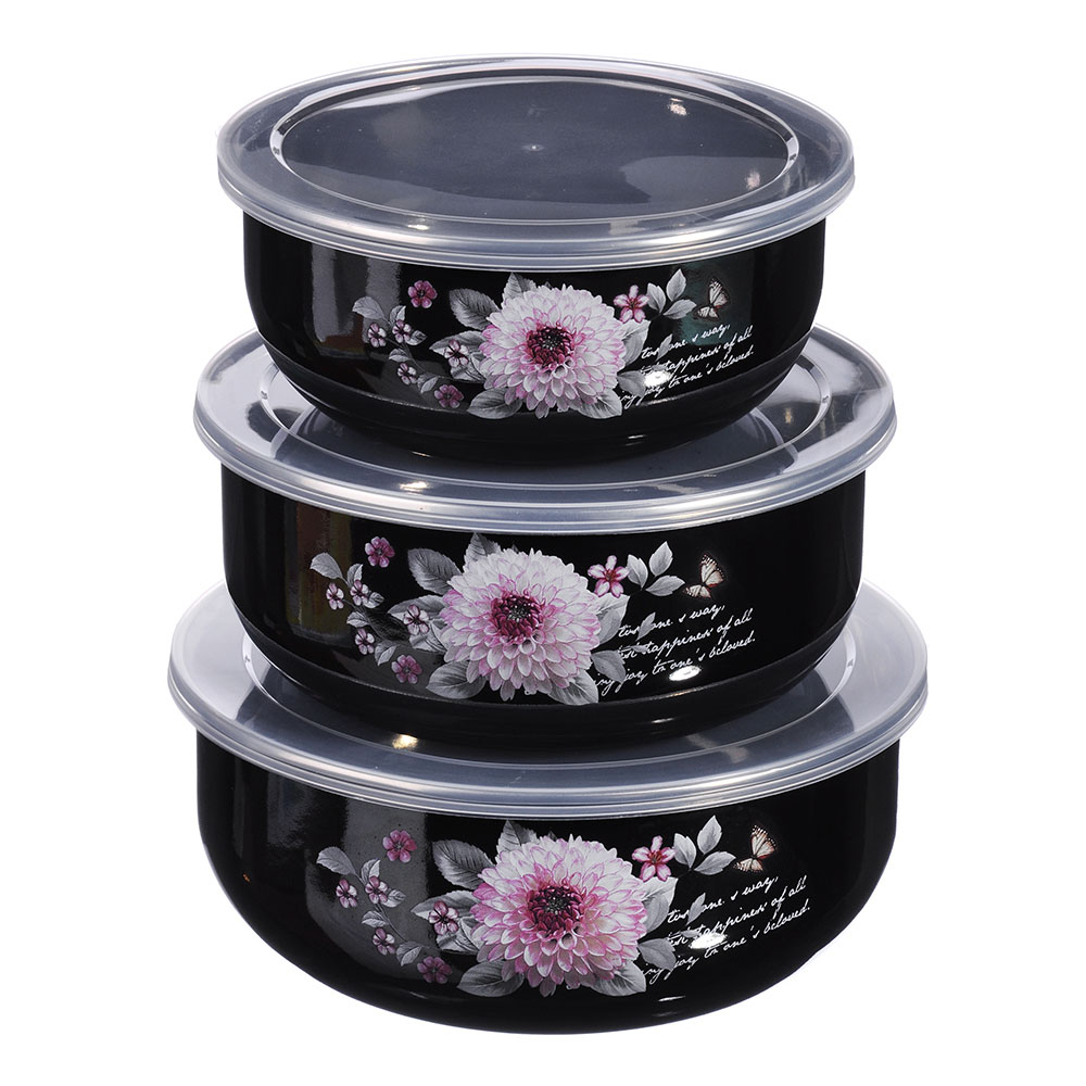 Иллюзия Георгина Набор эмал. салатников с крышками, 6пр. (14/16/18см, 0,7/1,1/1,4л), черн.перлам., арт.№ 894-334