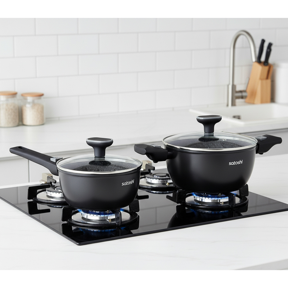 Набор посуды 19 предметов SATOSHI Оникс, кастрюли 20 см, 24 см, 28 см (2,3 л, 3,8 л, 5,7 л), ковш 16 см (1,3 л), сковорода 24 см, 28 см, индукция, арт.№ 846-749