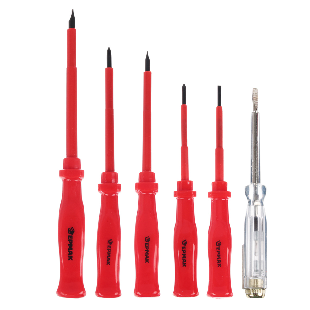 ЕРМАК Набор отверток 6шт диэлектрических (SL5.5*125,SL4*100,PH1*100,SL3*75,PH0*75,тестер 140мм), арт.№ 651-064