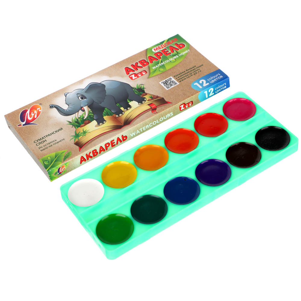ЛУЧ Акварель медовая "ZOO", 12 цветов, без кисти, в картонной коробке, 19С 1247-08, арт.№ 231-050
