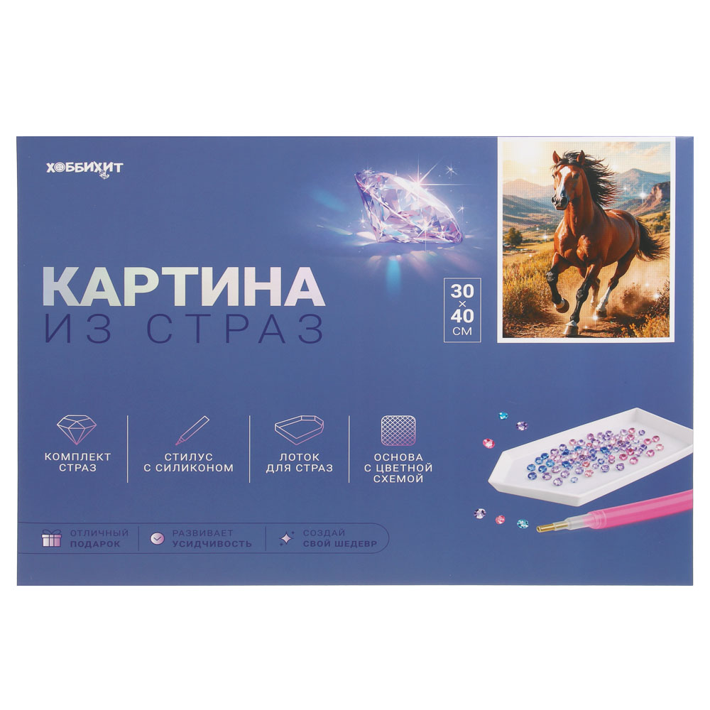 ХОББИХИТ Картина из страз, комплект: твердая основа, стразы, стилус, 30х40см, 5-10 дизайнов, арт.№ 281-183