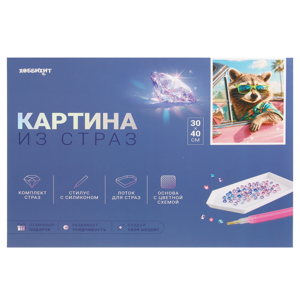 ХОББИХИТ Картина из страз, комплект: твердая основа, стразы, стилус, 30х40см, 5-10 дизайнов, арт.№ 281-183