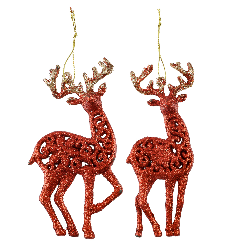 СНОУ БУМ Подвеска декоративная "Олень" 14 см, пластик, глиттер, красный, 2 дизайна, арт.№ 374-627