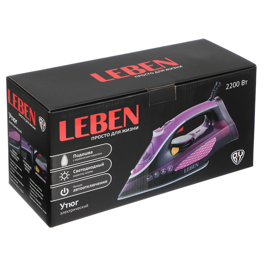 LEBEN Утюг с отпаривателем 2200 Вт, подошва - керамическое покрытие, LED, арт.№ 249-018