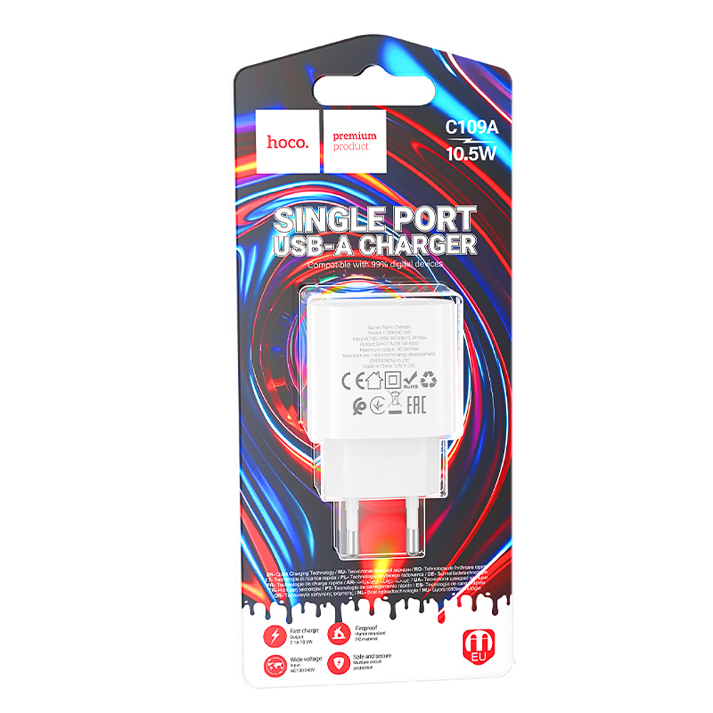 Сетевое зарядное устройство hoco. модель C109A, USB-A 10.5W, цвет: белый, арт.№ 916-277