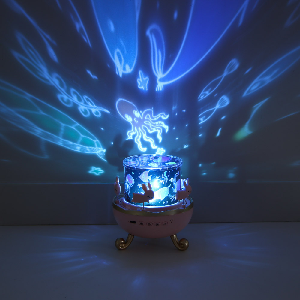 Светильник-ночник проектор BY Карусель, колонка Bt 3Вт, 6 проекций, акб. 1200mAh, USB 5В, розовый, арт.№ 476-458