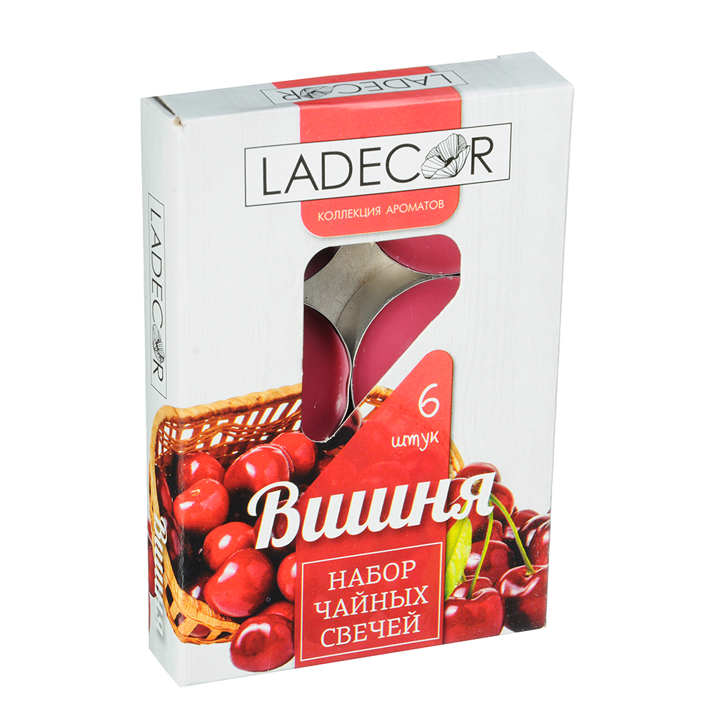 LADECOR Набор свечей чайных 6шт, парафин, аромат вишня, арт.30752, арт.№ 508-540