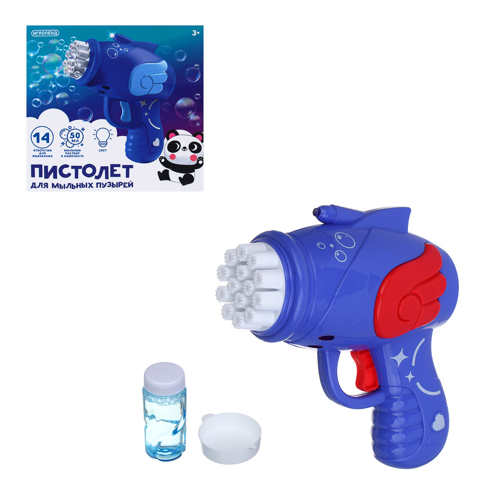 ИГРОЛЕНД Пистолет для выдувания мыльных пузырей, PP, 3хАА, 50 мл, мыльный р-р, 15х6,6х14,5 см, 3 дизайна, арт.№ 460-037