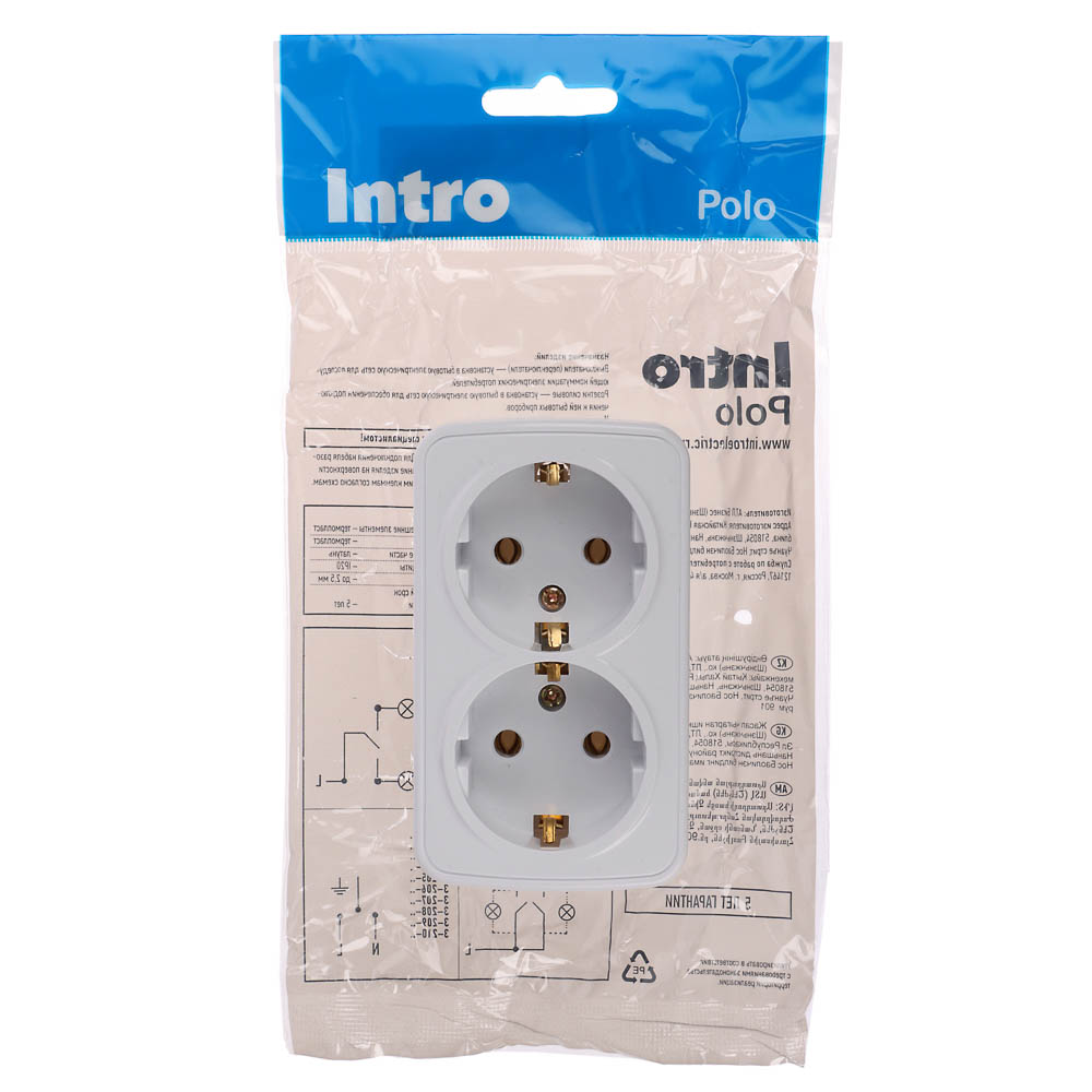 Розетка двойная открытой установки с заз. Intro Polo/Quadro 2х2P+E Schuko 16А-250В, IP20, белая, арт.№ 904-145