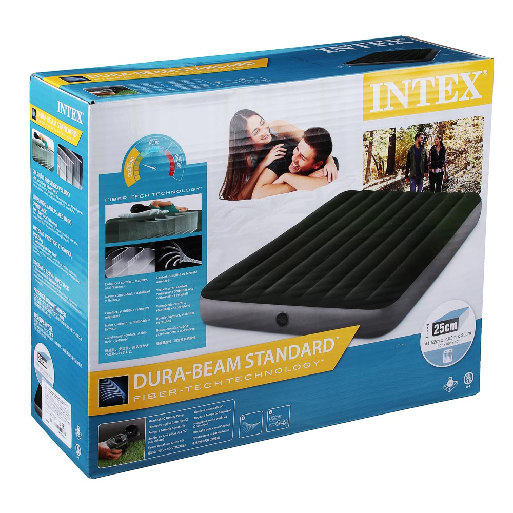 INTEX Матрас надувной DOWNY BED QUEEN, (fiber-tech), насосна батарейках, 152x203x25см, ПВХ, 64779, арт.№ 108-058