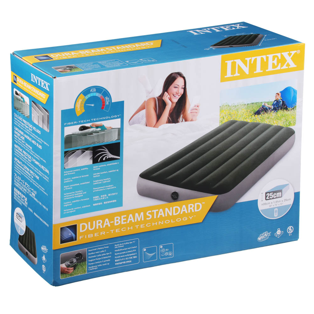 INTEX Матрас надувной DOWNY BED TWIN, (fiber-tech), насос на батарейках, 99x191x25см, ПВХ, 64777, арт.№ 108-056