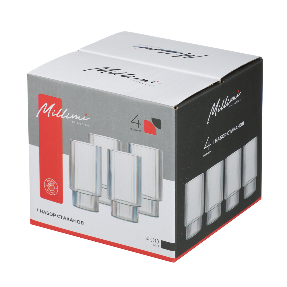 MILLIMI Набор стаканов Астра 400 мл, 4 шт, стекло, рифленый, арт.№ 878-617