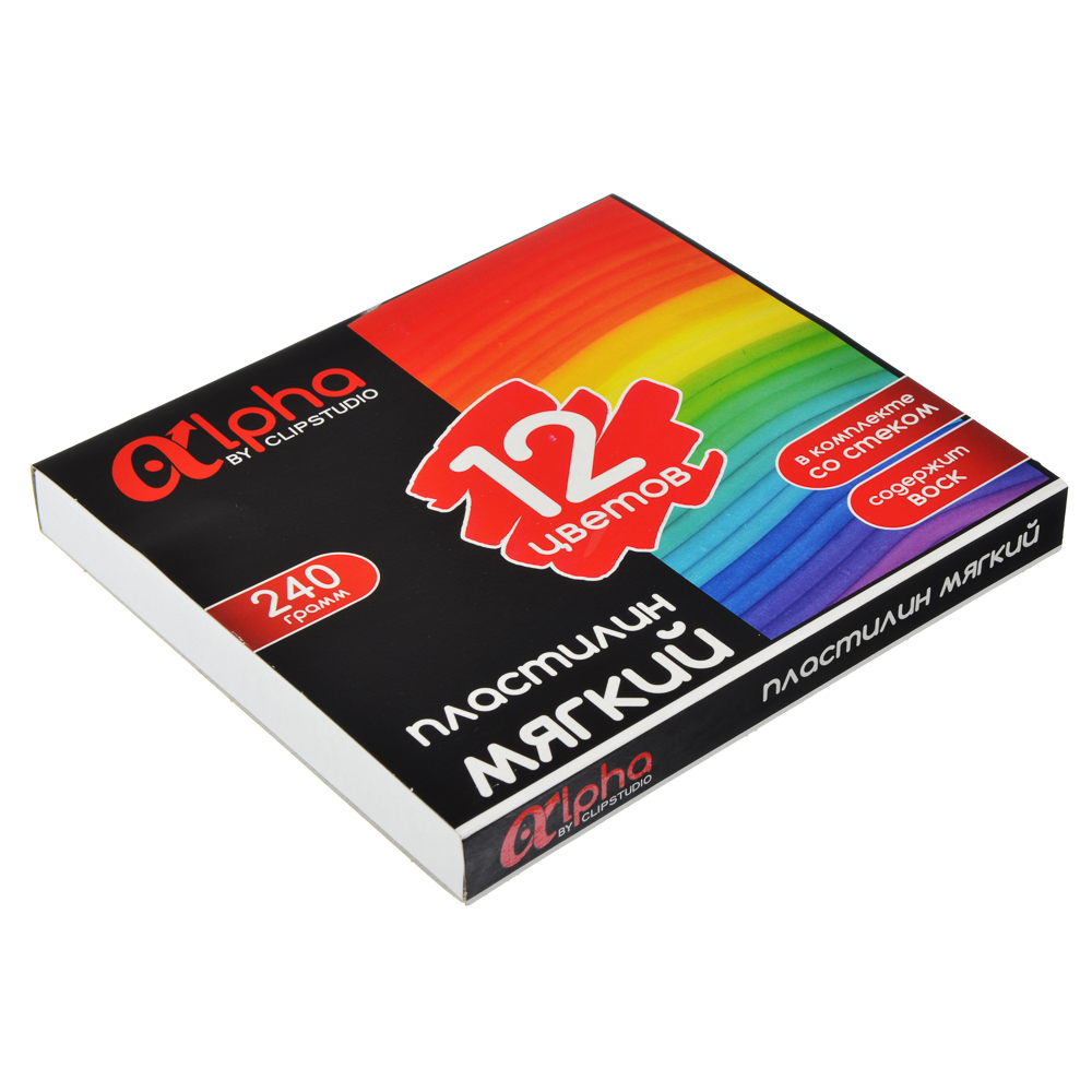 ClipStudio Пластилин мягкий, 12цв. 240г "Альфа", со стеком, в картонной коробке с выб.лаком, ПРЕМИУМ, арт.№ 239-046