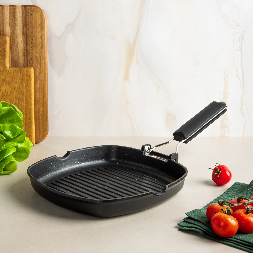 SATOSHI Кобальт Сковорода-гриль литая а/приг. покр. Мрамор, 24х24см, индукция, складная ручка, арт.№ 846-384