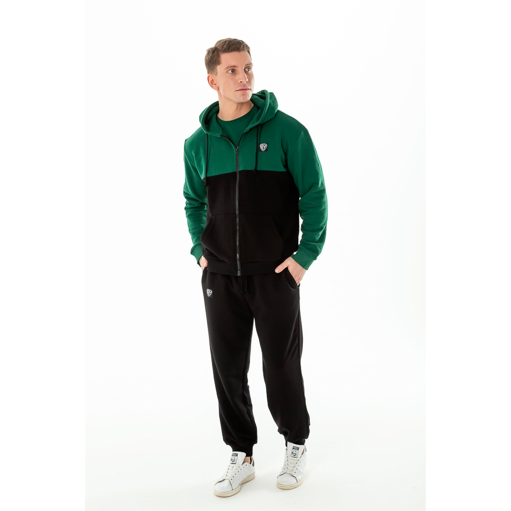 BY Толстовка на молнии мужская колорблок, хлопок, размеры S-XXL, цвет черно-зеленый, арт.№ 830-675