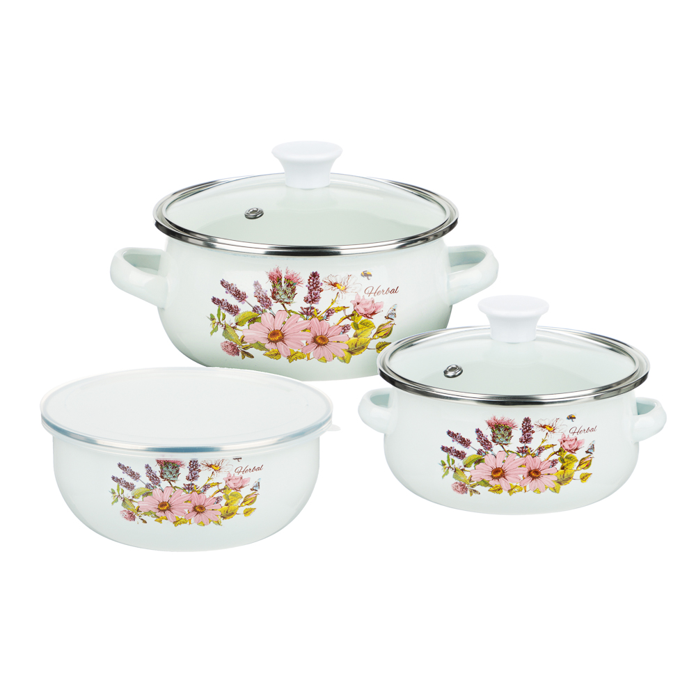 Набор мини-кастрюли 2шт.+салатник 1шт., с крышками, 6 пр (14/16/+14см, 0,7/1,1+0,7л) "Ботаника", арт.№ 894-011