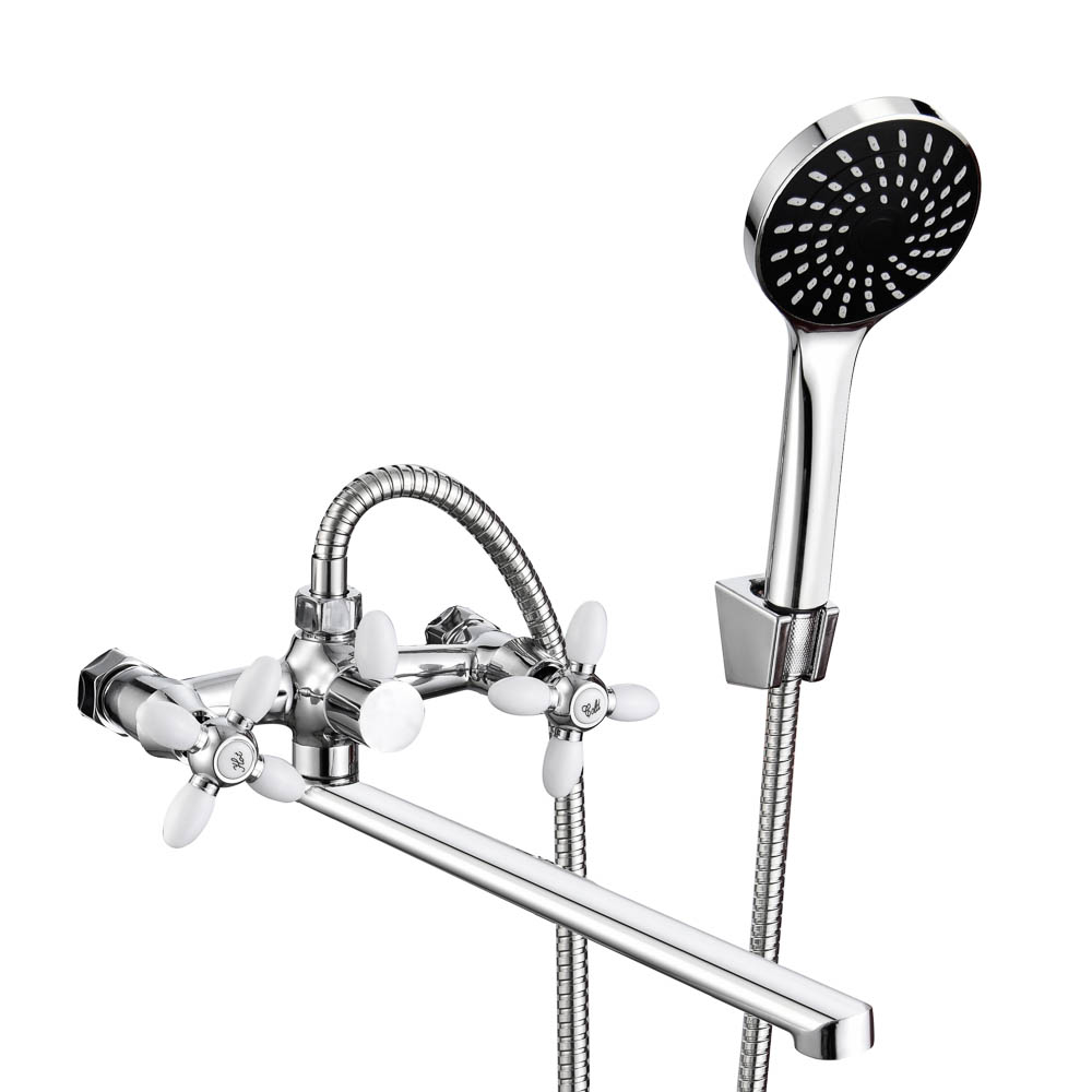 СоюзКран Смеситель для ванны с душем, прямой излив 30см, кер. кр-б. 1/2, цинк, хром/белый SK08-P243, арт.№ 567-169