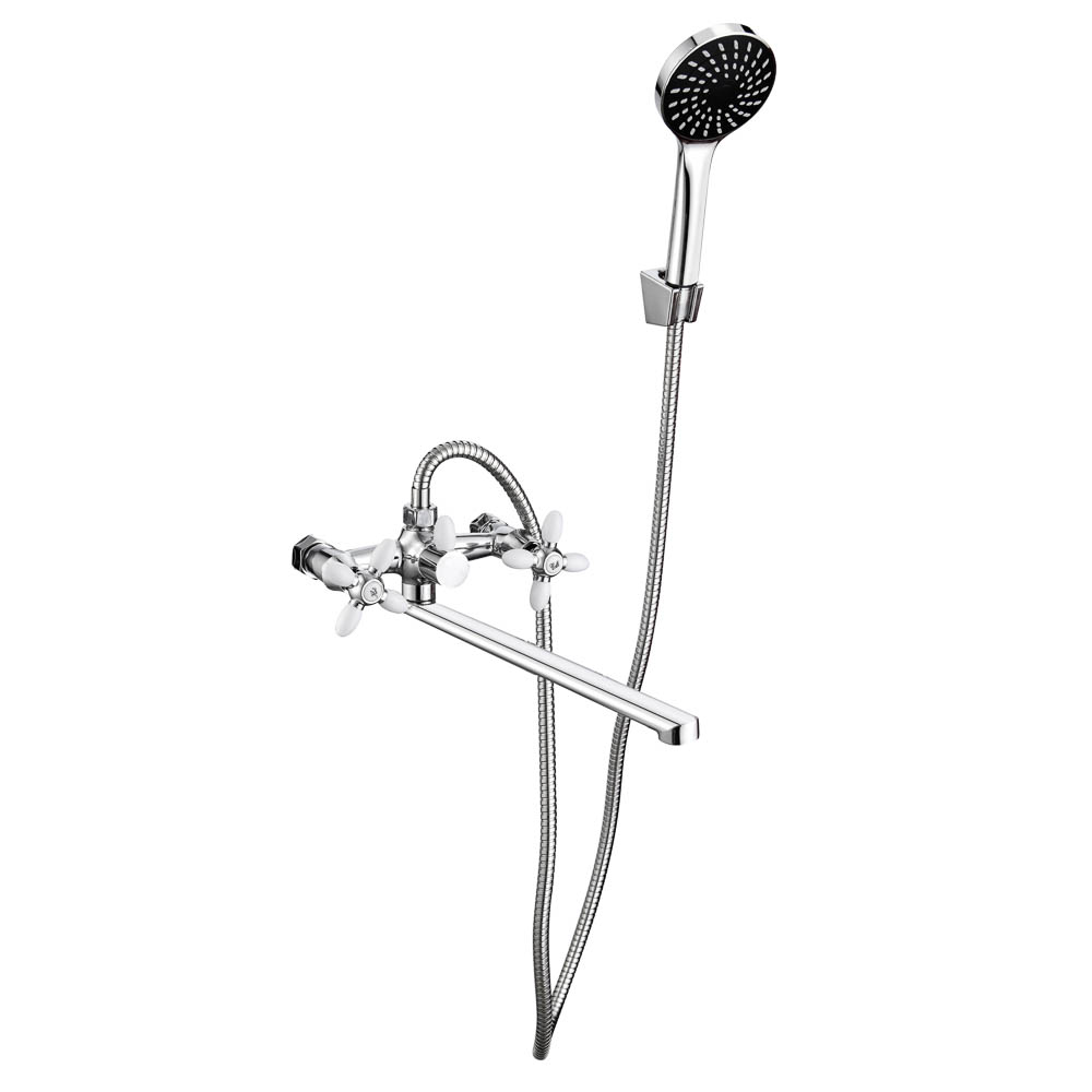 СоюзКран Смеситель для ванны с душем, прямой излив 30см, кер. кр-б. 1/2, цинк, хром/белый SK08-P243, арт.№ 567-169