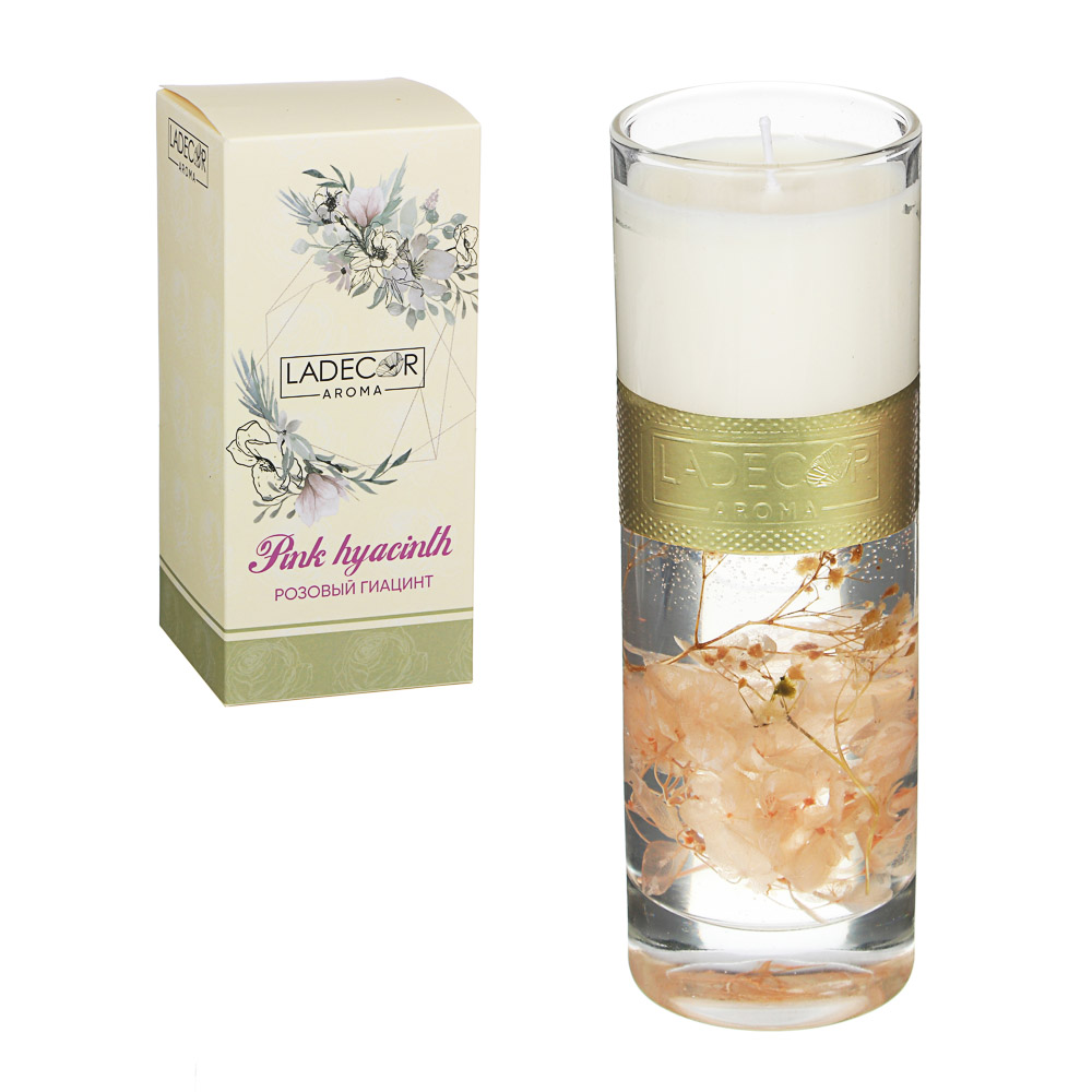 LADECOR Свеча ароматическая с декором, в стеклянном подсвечнике, 16,5см, 4 вида, арт.№ 508-632