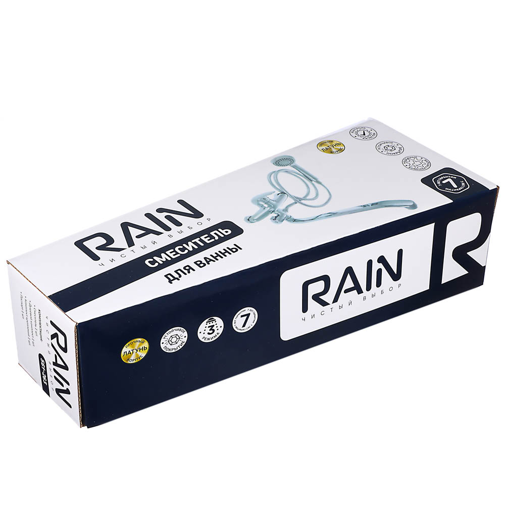 RAIN Смеситель для ванны Коралл, плоский излив 40см, душ. набор, картридж 40мм, латунь, хром, арт.№ 561-263