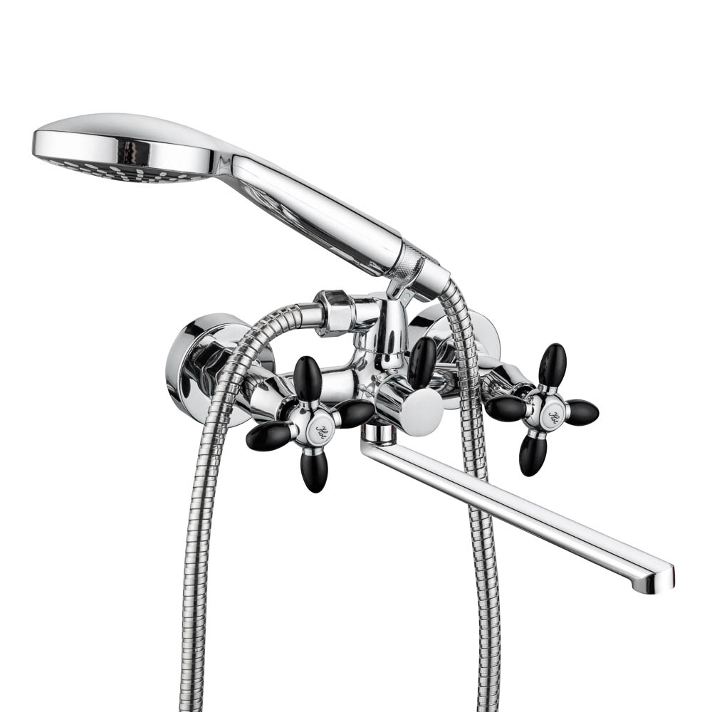 СоюзКран Смеситель для ванны с душем, прямой излив 30см, кер. кр-б. 1/2, цинк, хром/черный SK08-P243, арт.№ 567-170