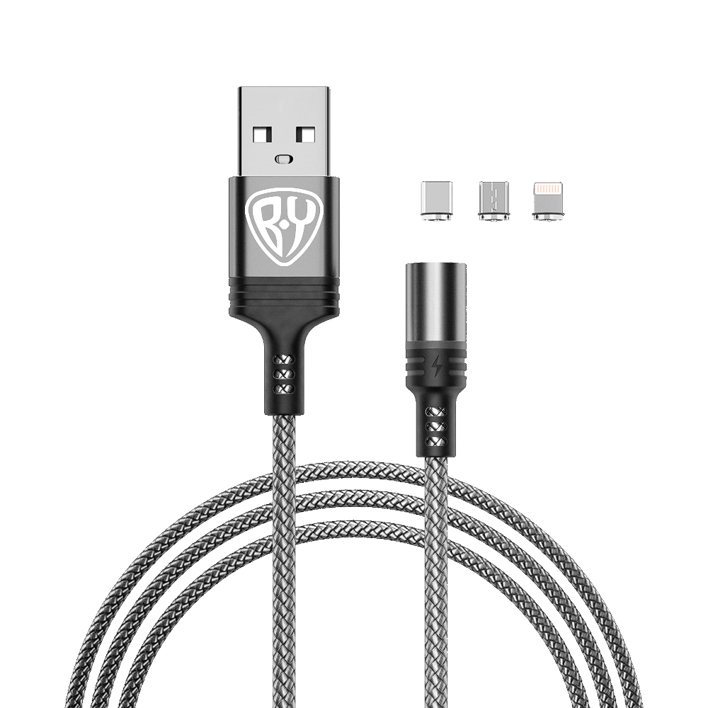 Кабель для зарядки 3в1 iP/microUSB/Type-C BY Магнитный, 1м, 2.1А, серый, арт.№ 931-216