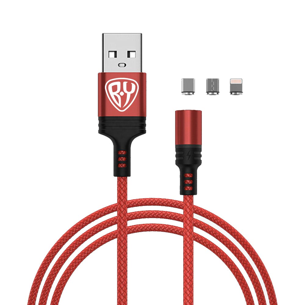 Кабель для зарядки 3в1 iP/microUSB/Type-C BY Магнитный, 1м, 2.1А, красный, арт.№ 931-215