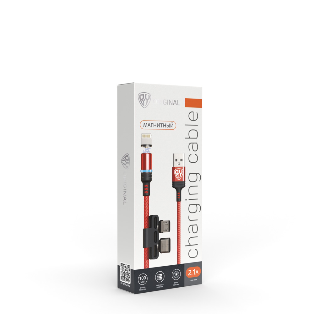 Кабель для зарядки 3в1 iP/microUSB/Type-C BY Магнитный, 1м, 2.1А, красный, арт.№ 931-215