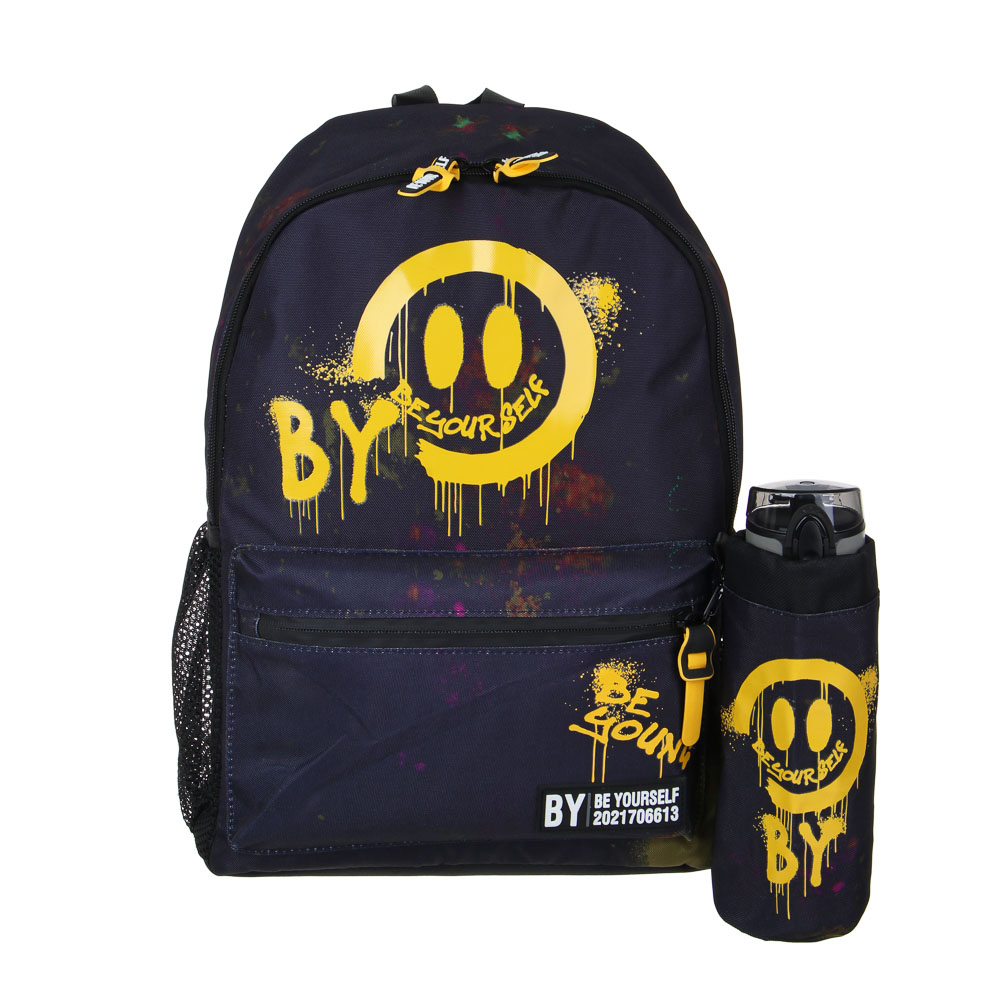 BY СМАЙЛ Рюкзак подростковый, 41x29x18см, 1 отд., 4 карм., темный фон, бутылка для воды в чехле, ПЭ, арт.№ 254-661