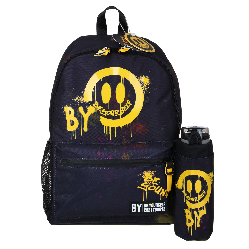 BY СМАЙЛ Рюкзак подростковый, 41x29x18см, 1 отд., 4 карм., темный фон, бутылка для воды в чехле, ПЭ, арт.№ 254-661