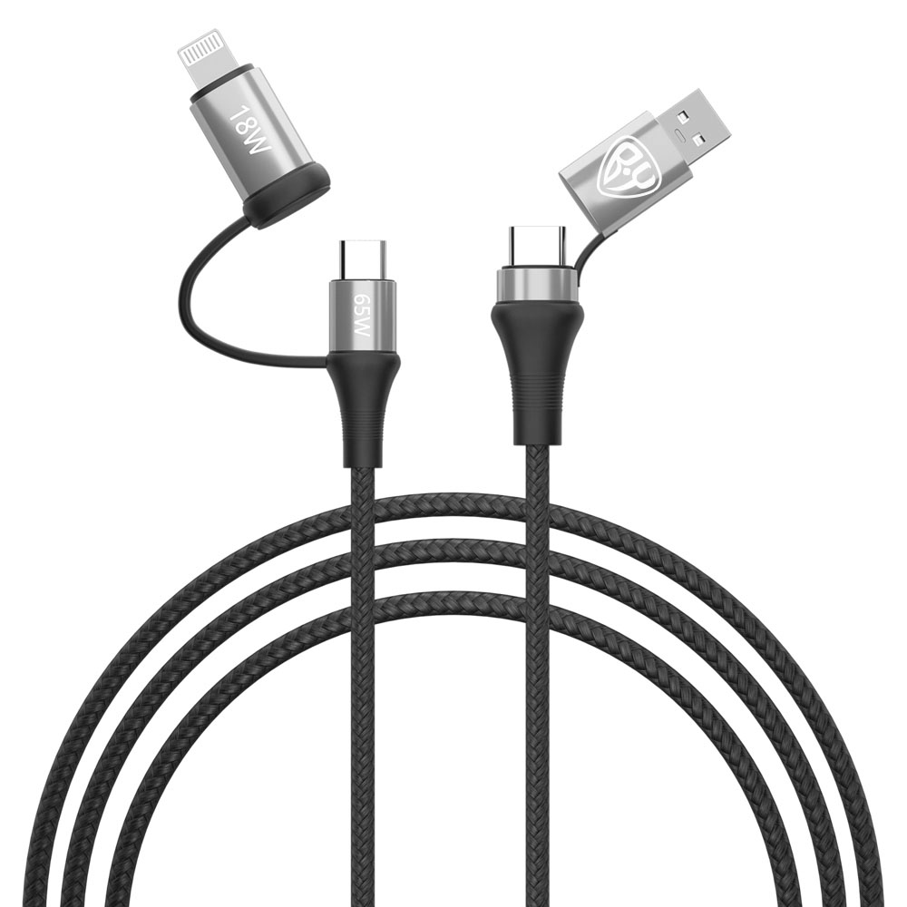 Кабель для зарядки 4в1 USB/Type-C - Type-C (65W)/iP (PD, 18W) BY, 1м, Быстрая зарядка, серый, арт.№ 931-229