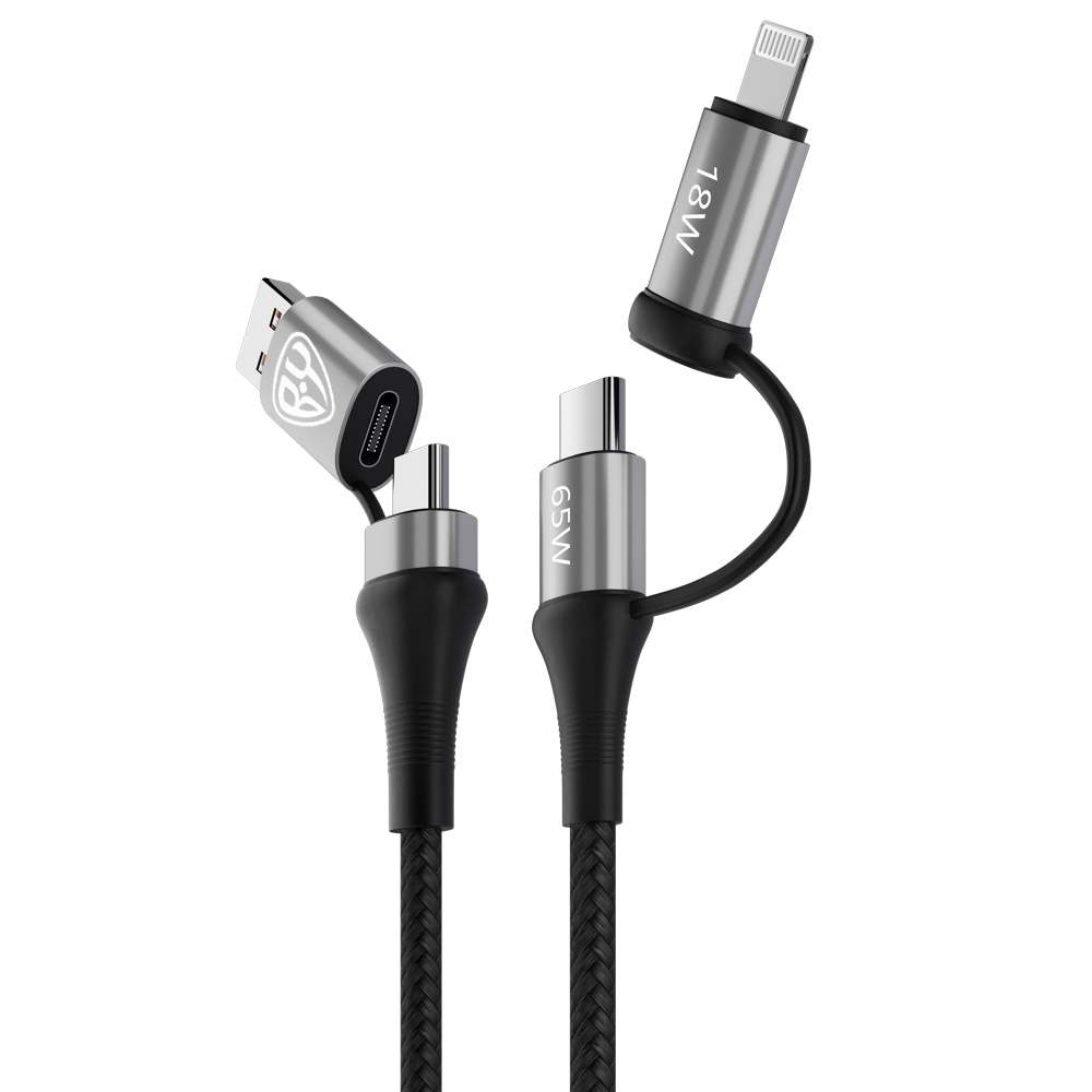 Кабель для зарядки 4в1 USB/Type-C - Type-C (65W)/iP (PD, 18W) BY, 1м, Быстрая зарядка, серый, арт.№ 931-229