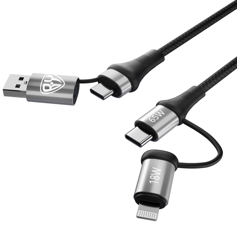 Кабель для зарядки 4в1 USB/Type-C - Type-C (65W)/iP (PD, 18W) BY, 1м, Быстрая зарядка, серый, арт.№ 931-229