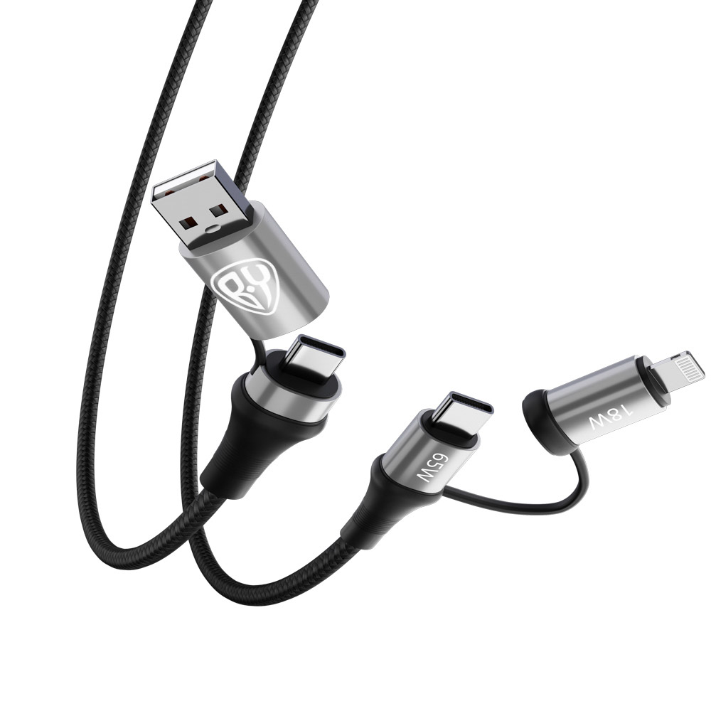 Кабель для зарядки 4в1 USB/Type-C - Type-C (65W)/iP (PD, 18W) BY, 1м, Быстрая зарядка, серый, арт.№ 931-229