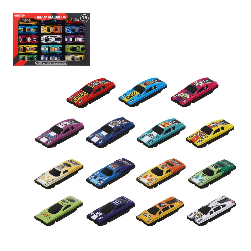 ИГРОЛЕНД Набор металлических машинок, 15 шт, металл, PP, 25х17х2 см, арт.№ 292-474