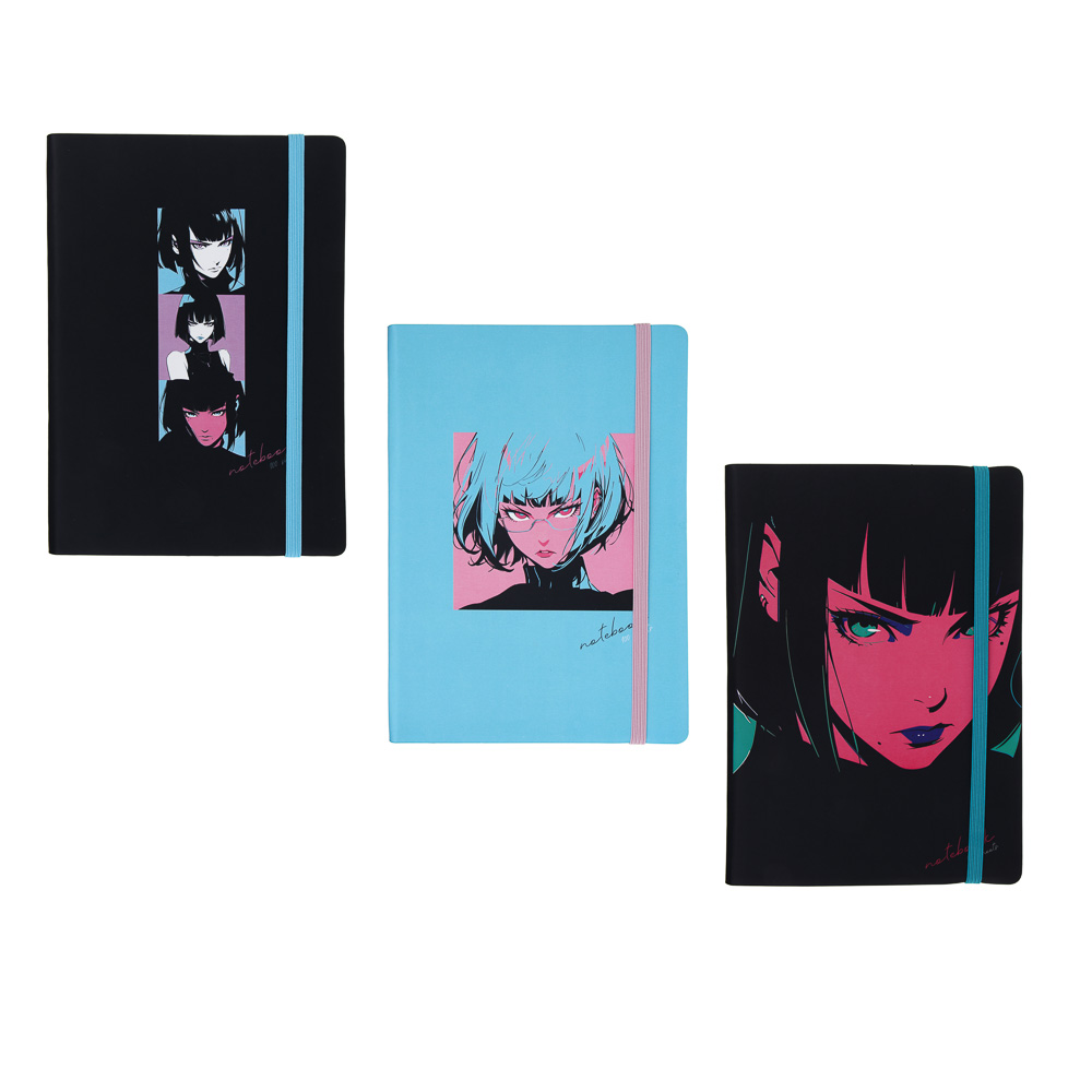 Бизнес-блокнот "АНИМЕ" А5, 192 страницы, гибкая обложка, искусственная кожа, цветной срез, резинка, 2 закладки, 3 дизайна, арт.№ 572-278