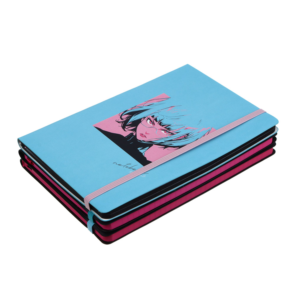 Бизнес-блокнот "АНИМЕ" А5, 192 страницы, гибкая обложка, искусственная кожа, цветной срез, резинка, 2 закладки, 3 дизайна, арт.№ 572-278