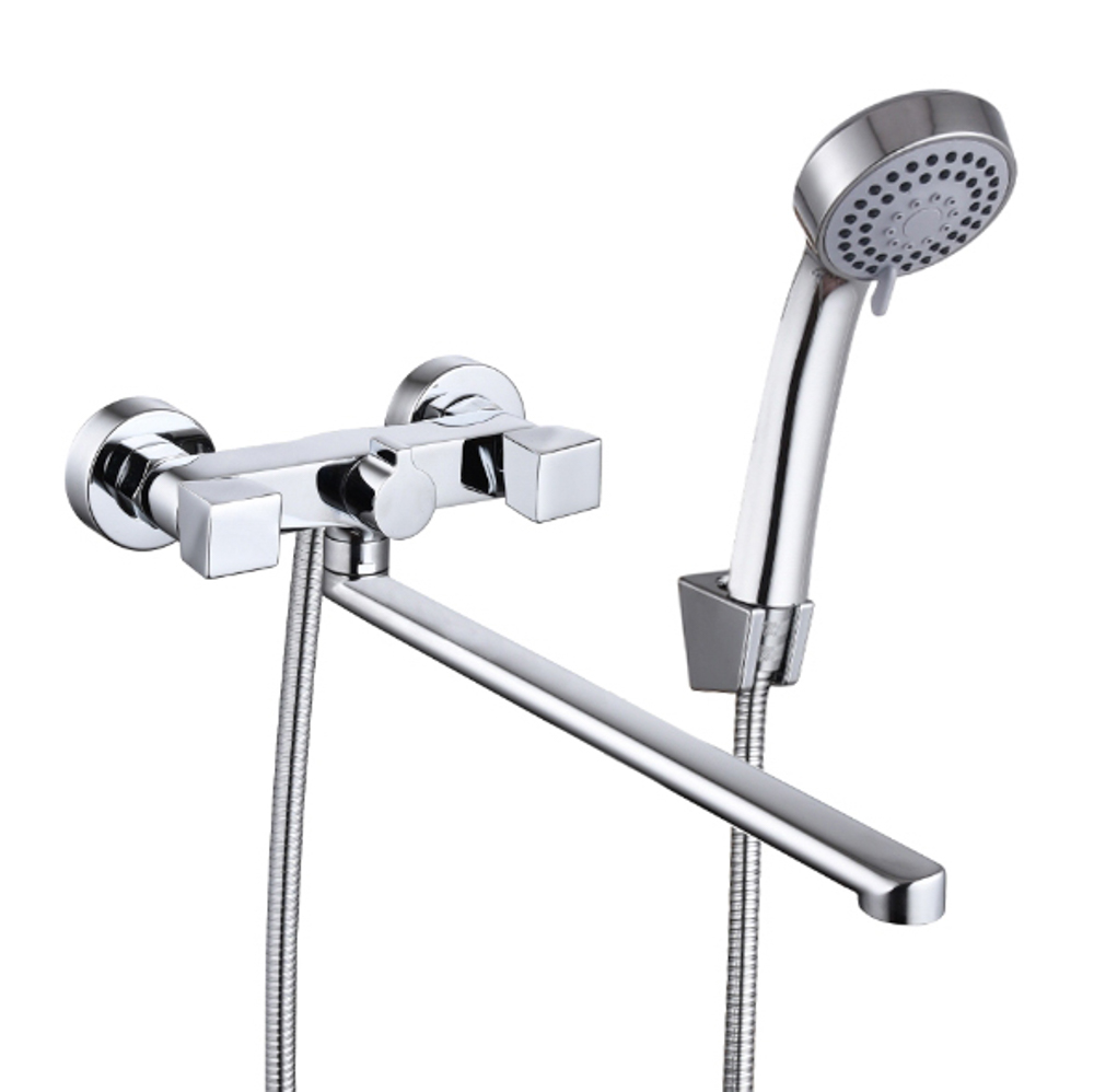 RAIN Смеситель для ванны Уран, прямой излив 35см, кранбуксы 1/2, душ. набор, ромб, латунь, хром, арт.№ 561-002