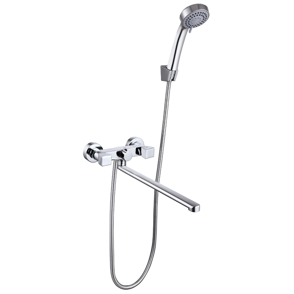 RAIN Смеситель для ванны Уран, прямой излив 35см, кранбуксы 1/2, душ. набор, ромб, латунь, хром, арт.№ 561-002