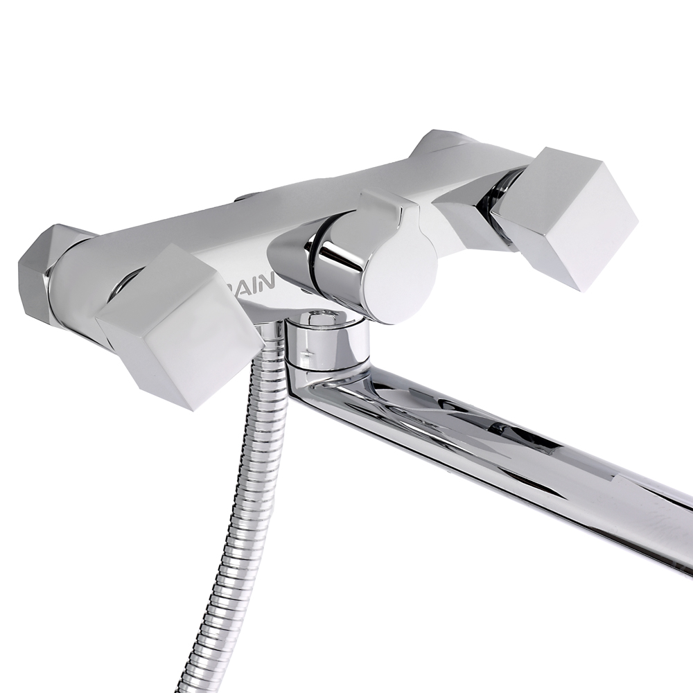 RAIN Смеситель для ванны Уран, прямой излив 35см, кранбуксы 1/2, душ. набор, ромб, латунь, хром, арт.№ 561-002