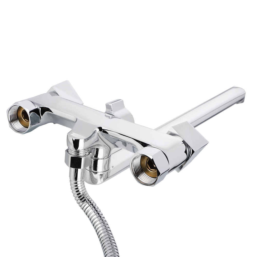 RAIN Смеситель для ванны Уран, прямой излив 35см, кранбуксы 1/2, душ. набор, ромб, латунь, хром, арт.№ 561-002