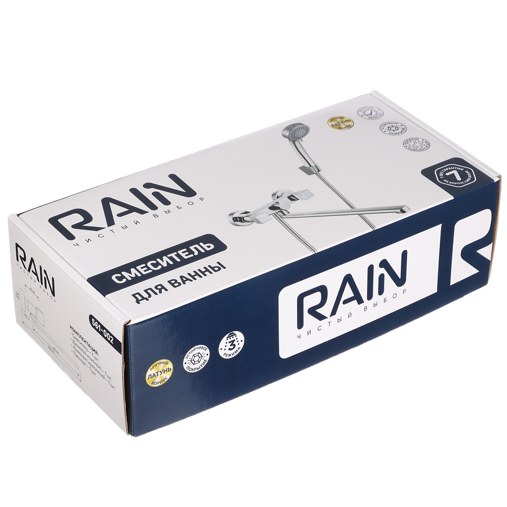 RAIN Смеситель для ванны Уран, прямой излив 35см, кранбуксы 1/2, душ. набор, ромб, латунь, хром, арт.№ 561-002