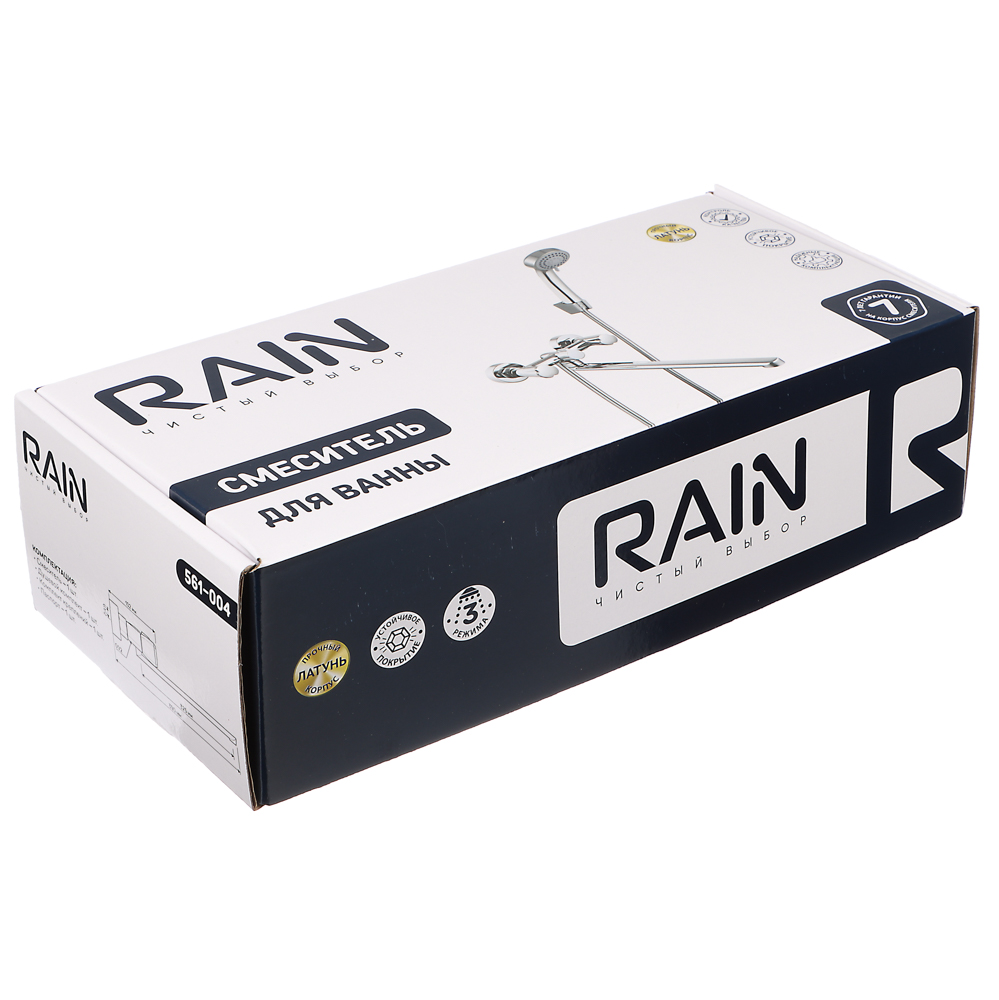 RAIN Смеситель для ванны Уран, прямой излив 35см, кранбуксы 1/2, душ. набор, овал, латунь, хром, арт.№ 561-004