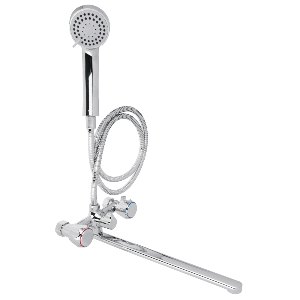 RAIN Смеситель для ванны Уран, прямой излив 35см, керам. кран-буксы 1/2, душ. набор, латунь, хром, арт.№ 561-311